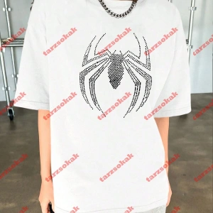 Unisex Örümcek Baskılı Tshirt Beyaz