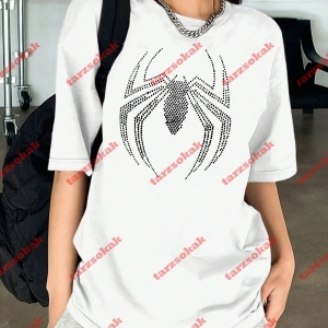 Unisex Örümcek Baskılı Tshirt Beyaz