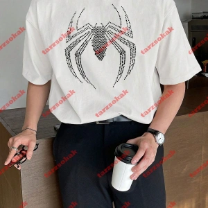 Unisex Örümcek Baskılı Tshirt Beyaz