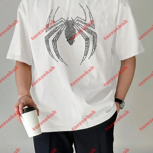 Unisex Örümcek Baskılı Tshirt Beyaz