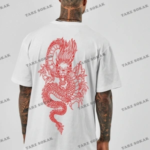 Unisex Oversize Dragon Baskılı Beyaz