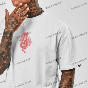 Unisex Oversize Dragon Baskılı Beyaz