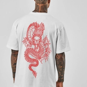 Unisex Oversize Dragon Baskılı Beyaz Tshirt