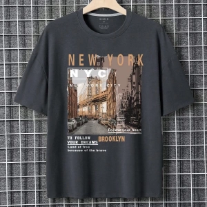 Unisex Oversize Kalıp Bina Ve Slogan Grafiği Düşük Omuz Harajuku Style