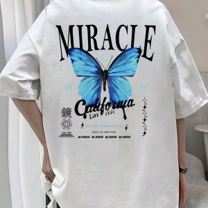 Unisex Oversize Kalıp Kelebek & Harf Grafik Damla Omuz Harajuku Style