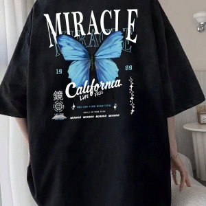 Unisex Oversize Kalıp Kelebek & Harf Grafik Damla Omuz Harajuku Style