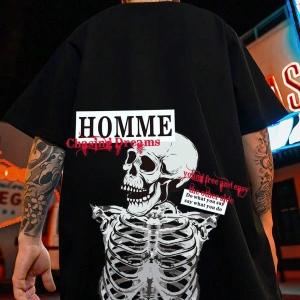 Unisex Oversize Kalıp Sloganlı ve İskelet Baskılı Harajuku Style
