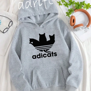 Unisex Oversize Kapüşonlu Kanguru Cepli Adicats Baskılı Gri