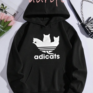 Unisex Oversize Kapüşonlu Kanguru Cepli Adicats Baskılı Gri