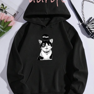 Unisex Oversize Kapüşonlu Kanguru Cepli Cat Meow Baskılı Siyah