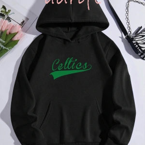 Unisex Oversize Kapüşonlu Kanguru Cepli Celttics Baskılı Siyah