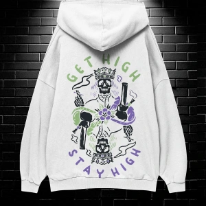 Unisex Oversize Kapüşonlu Kanguru Cepli Get High Stay High Baskılı Sweatshirt Hoodie Beyaz