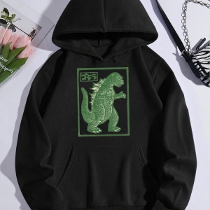 Unisex Oversize Kapüşonlu Kanguru Cepli Goodzila Baskılı Siyah