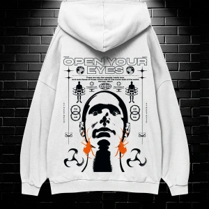 Unisex Oversize Kapüşonlu Kanguru Cepli Open Your Baskılı Sweatshirt Hoodie Beyaz