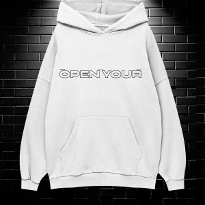 Unisex Oversize Kapüşonlu Kanguru Cepli Open Your Baskılı Sweatshirt Hoodie Beyaz