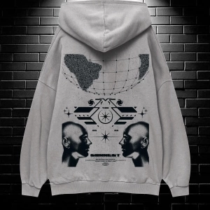 Unisex Oversize Kapüşonlu Kanguru Cepli Resro Futurısm Baskılı Sweatshirt Hoodie