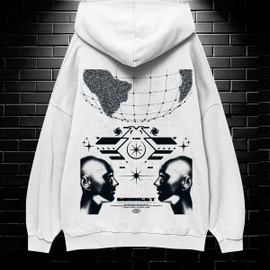 Unisex Oversize Kapüşonlu Kanguru Cepli Resro Futurısm Baskılı Sweatshirt Hoodie Beyaz