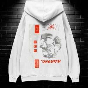 Unisex Oversize Kapüşonlu Kanguru Cepli Scaryskul Baskılı Sweatshirt Hoodie Beyaz