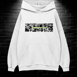 Unisex Oversize Kapüşonlu Kanguru Cepli Scaryskul Baskılı Sweatshirt Hoodie Beyaz