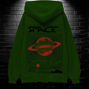 Unisex Oversize Kapüşonlu Kanguru Cepli Space Worldred Baskılı Sweatshirt Hoodie