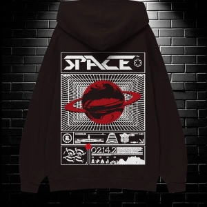 Unisex Oversize Kapüşonlu Kanguru Cepli Space Worldred Baskılı Sweatshirt Hoodie