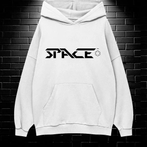 Unisex Oversize Kapüşonlu Kanguru Cepli Space Worldred Baskılı Sweatshirt Hoodie Beyaz