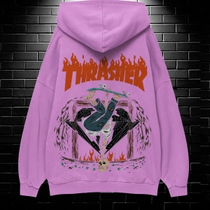 Unisex Oversize Kapüşonlu Kanguru Cepli Thrasher Baskılı Sweatshirt Hoodie