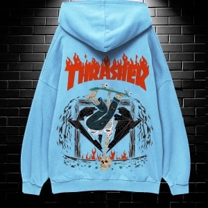 Unisex Oversize Kapüşonlu Kanguru Cepli Thrasher Baskılı Sweatshirt Hoodie