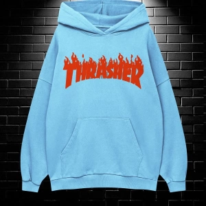 Unisex Oversize Kapüşonlu Kanguru Cepli Thrasher Baskılı Sweatshirt Hoodie