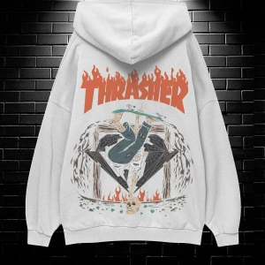 Unisex Oversize Kapüşonlu Kanguru Cepli Thrasher Baskılı Sweatshirt Hoodie Beyaz