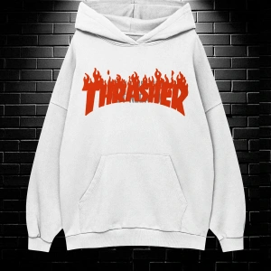 Unisex Oversize Kapüşonlu Kanguru Cepli Thrasher Baskılı Sweatshirt Hoodie Beyaz
