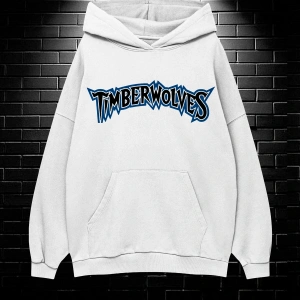 Unisex Oversize Kapüşonlu Kanguru Cepli Timberwolves Baskılı Sweatshirt Hoodie Beyaz