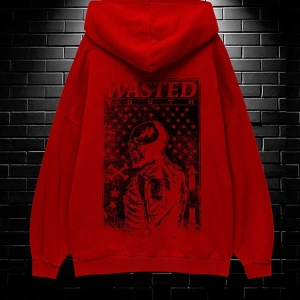 Unisex Oversize Kapüşonlu Kanguru Cepli Wasted Baskılı Sweatshirt Hoodie