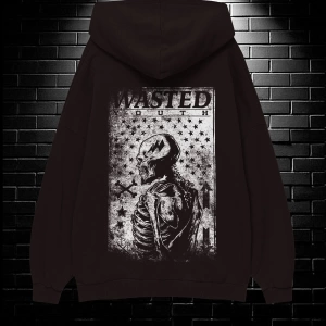 Unisex Oversize Kapüşonlu Kanguru Cepli Wasted Baskılı Sweatshirt Hoodie