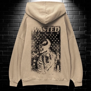 Unisex Oversize Kapüşonlu Kanguru Cepli Wasted Baskılı Sweatshirt Hoodie