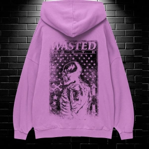 Unisex Oversize Kapüşonlu Kanguru Cepli Wasted Baskılı Sweatshirt Hoodie