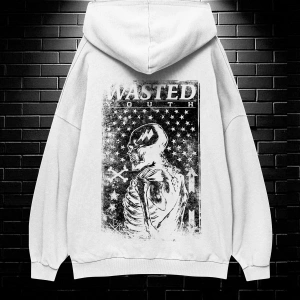 Unisex Oversize Kapüşonlu Kanguru Cepli Wasted Baskılı Sweatshirt Hoodie Beyaz