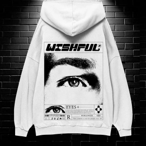 Unisex Oversize Kapüşonlu Kanguru Cepli Wıshful Baskılı Sweatshirt Hoodie Beyaz