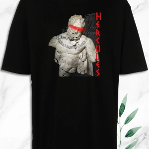Unisex Oversize Mitoloji Herkül Herakles Heykel Baskılı Siyah Tişört