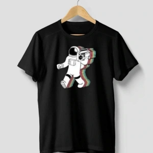 Unısex Oversıze Pamuklu Astronot Baskılı Siyah Beyaz Indigo Renk T-shirt