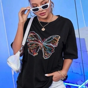 Unısex Oversıze Pamuklu Kelebek Baskılı Siyah Bej Renk T-shirt