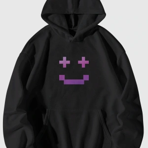 Unisex Pixel Yüz Baskılı Kanguru Cepli Kapüşonlu Sweatshirt Hoodie Siyah