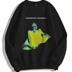Unisex Prioritize Yourself Bisiklet Yaka Sweatshirt Siyah