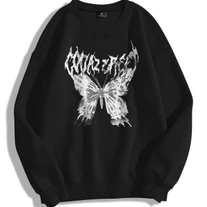 Unisex Punk Kelebek Bisiklet Yaka Sweatshirt Siyah
