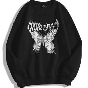 Unisex Punk Kelebek Bisiklet Yaka Sweatshirt Siyah
