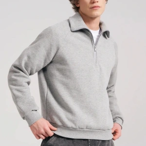 Unisex Relaxed Fit Yarım Fermuarlı Dik Yaka Sweatshirt Gri melanj