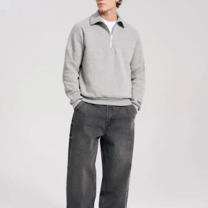 Unisex Relaxed Fit Yarım Fermuarlı Dik Yaka Sweatshirt  melanj Gri