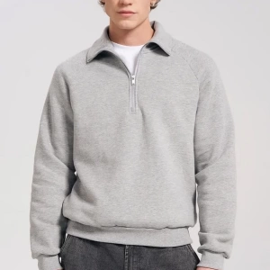 Unisex Relaxed Fit Yarım Fermuarlı Dik Yaka Sweatshirt  melanj Gri