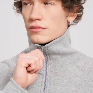 Unisex Relaxed Fit Yarım Fermuarlı Dik Yaka Sweatshirt  melanj Gri