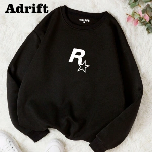 Unisex RockStar Baskılı Bisiklet Yaka Sweatshirt Siyah